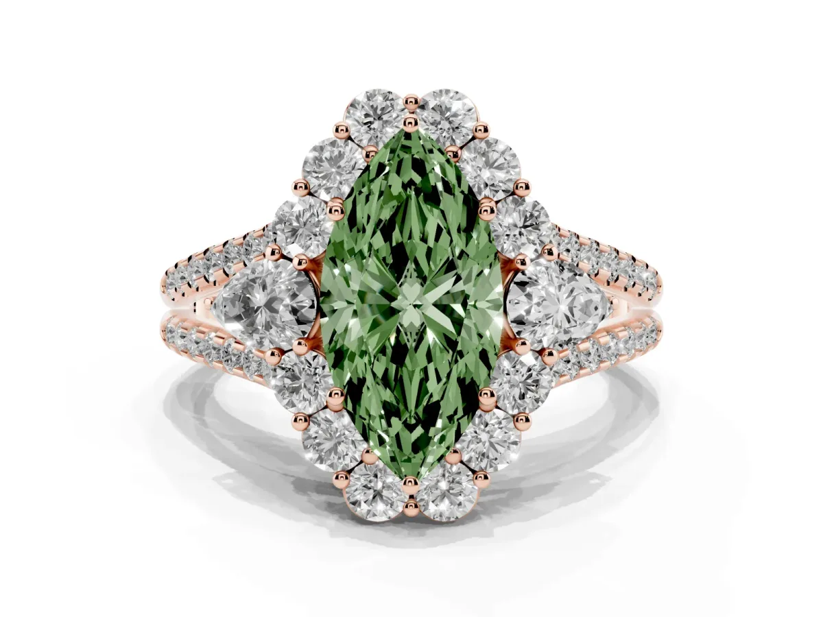 Fancy Green Marquise Cut Halo Split Shank Diamond Engagement Ring with Prong Setting Rose gold