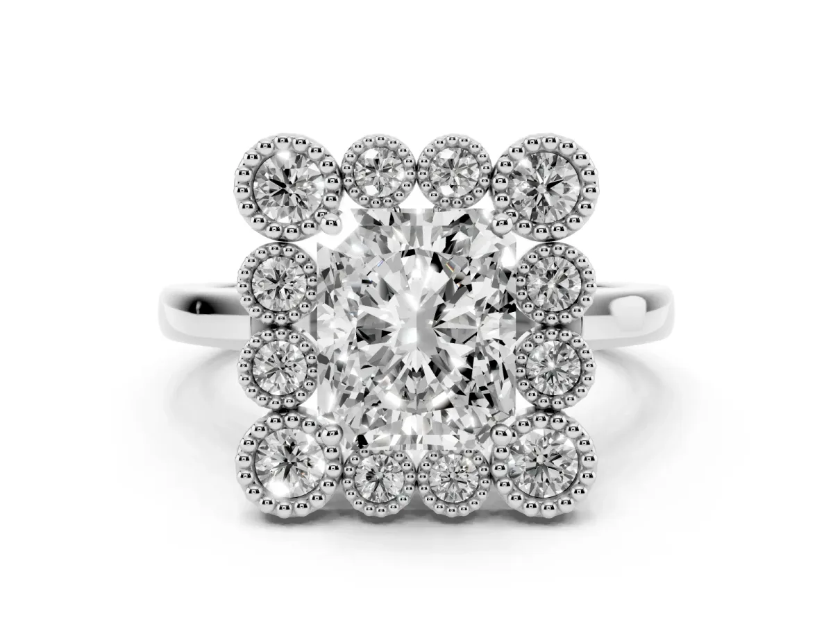 Radiant Cut Halo Diamond Cluster Engagement Ring with Milgrain Bezel Setting and Solitaire Band Silver