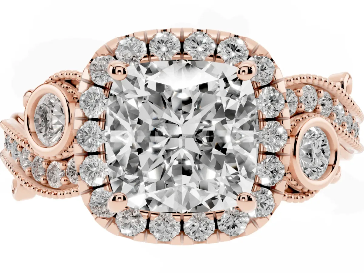Cushion Cut Diamond Halo Ring with Milgrain Pavé Band and Four-Prong Setting Rose gold