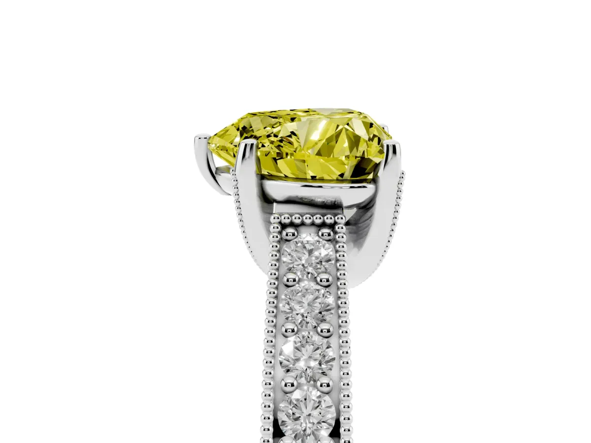 Fancy Yellow Heart Cut Cut Diamond Solitaire Ring with Milgrain Pave Band and Four Prong Setting Silver