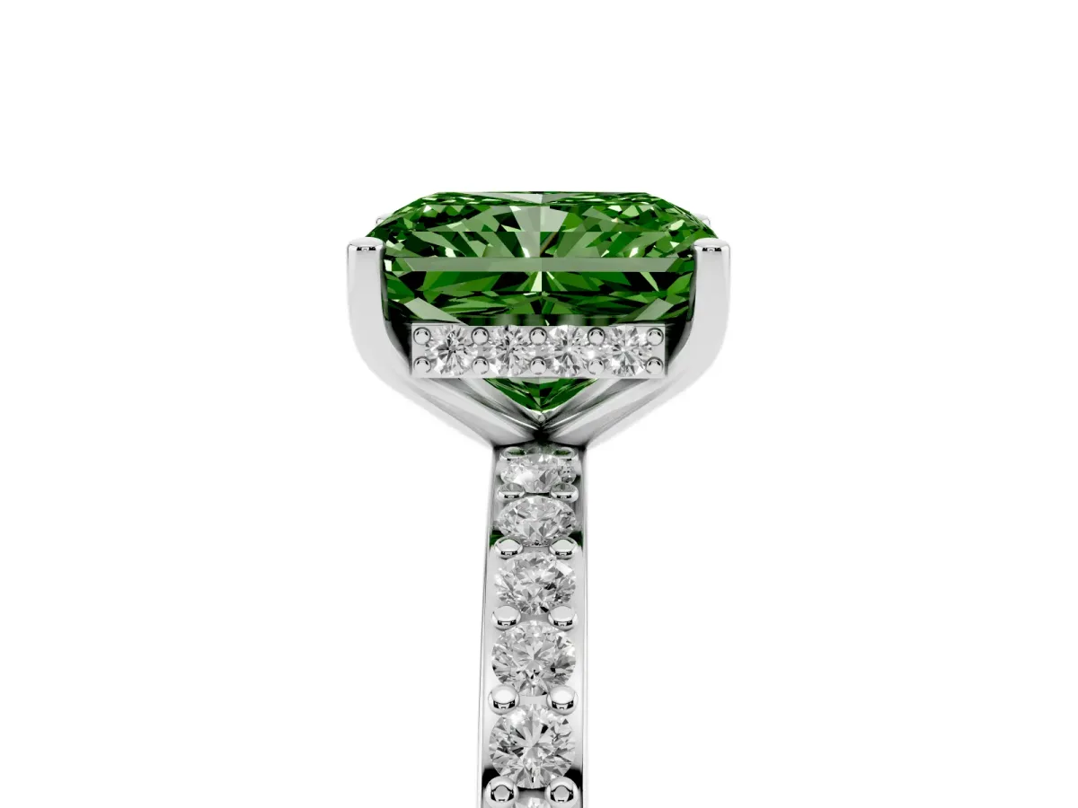 Fancy Green Radiant Cut Cut Diamond Pavé Band Ring with Four-Prong Setting Silver
