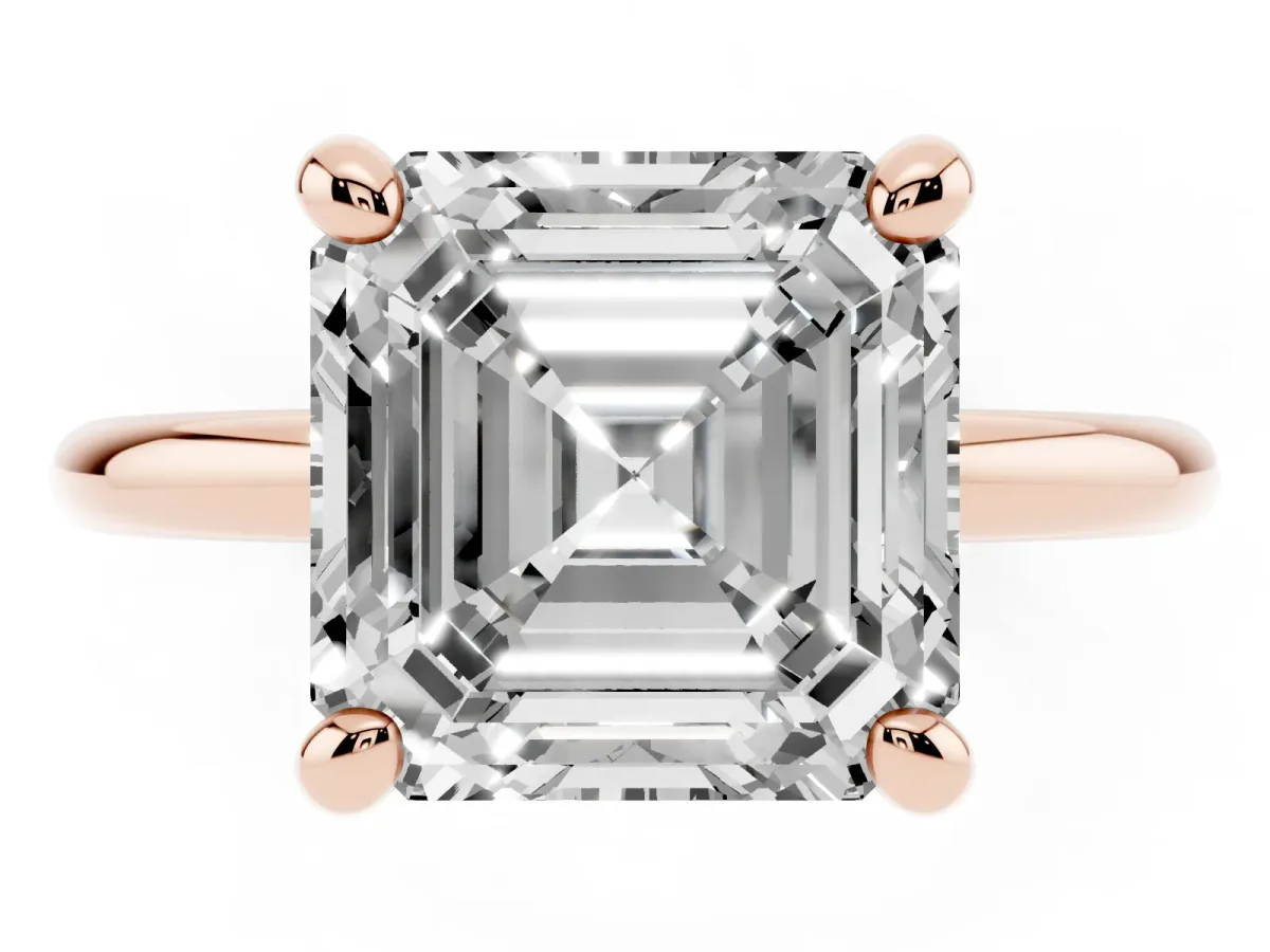 Asscher Cut Solitaire Diamond Ring with Four-Prong Setting on a Plain Band Rose gold