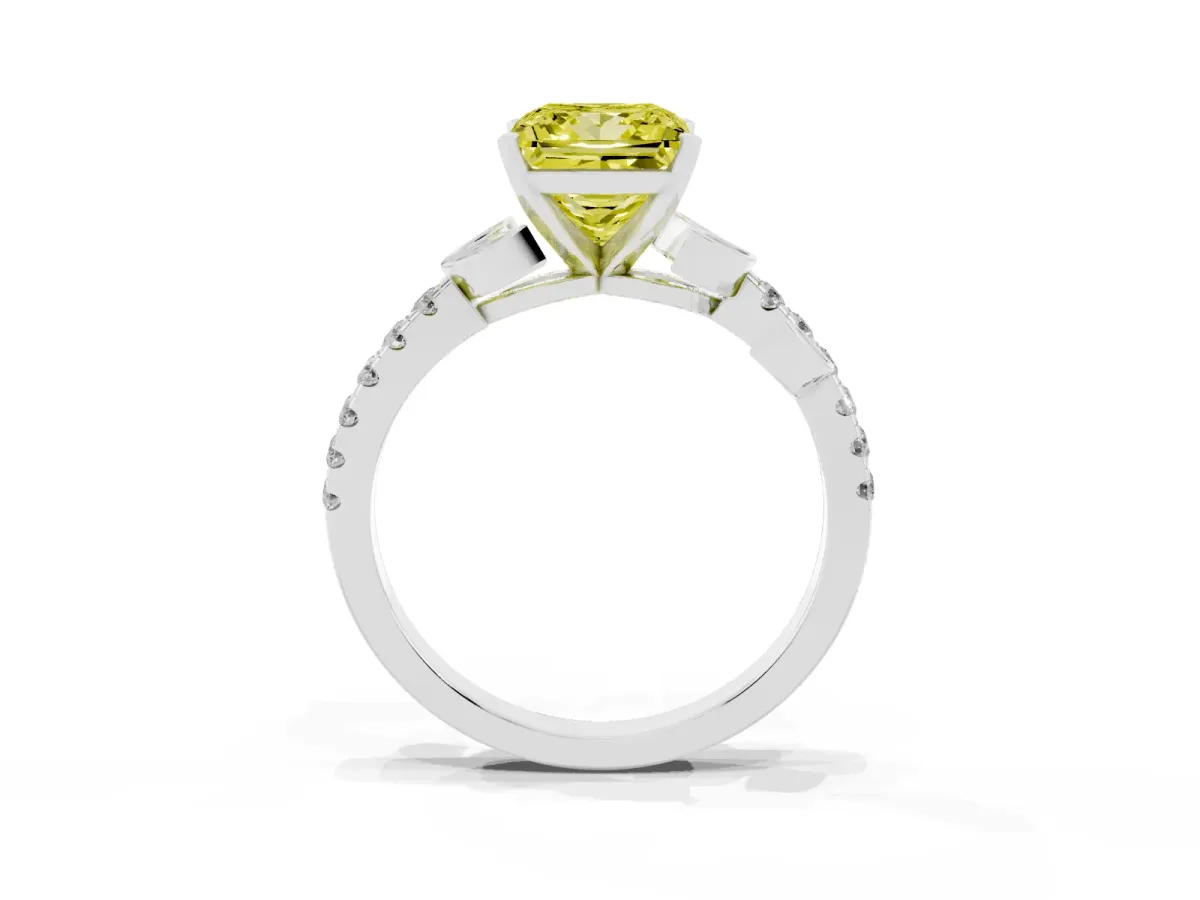 Fancy Yellow Princess Cut Solitaire Leaf-Inspired Diamond Ring with Pavé Band and Four-Prong Setting Platinum