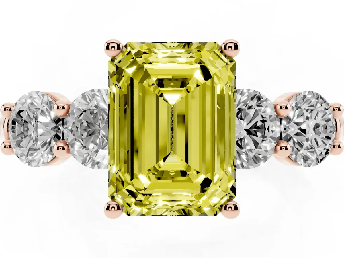 Fancy Yellow Emerald Cut Cut Five-Stone Prong Set Diamond Ring with Classic Band Rose gold