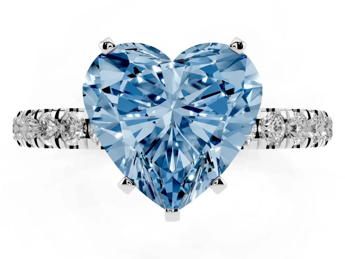 Fancy Blue Heart Cut Diamond Solitaire Ring with Pavé Accents and Four-Prong Setting Silver