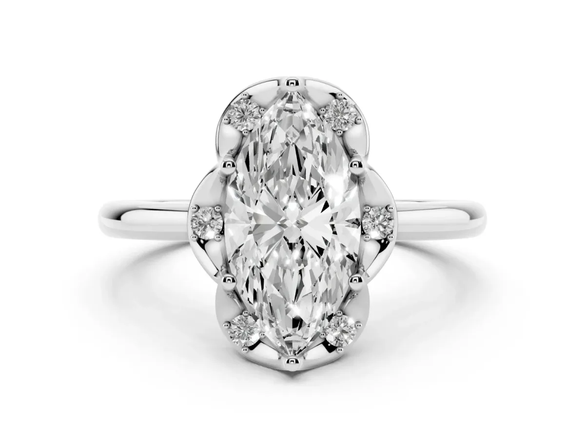 Marquise Cut Halo Diamond Ring with Round Cluster Setting, Solitaire Band, and Four-Prong Setting Silver
