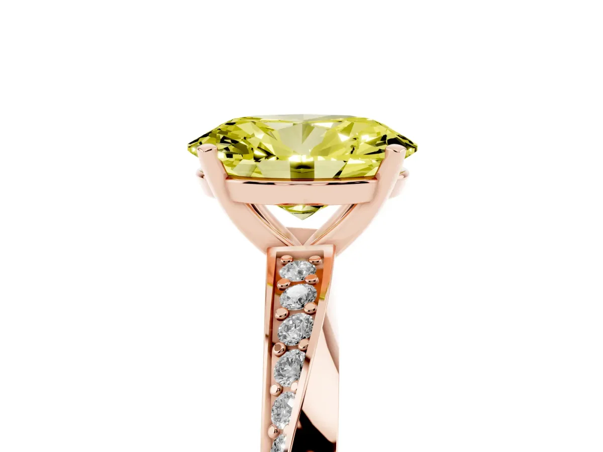 Fancy Yellow Oval Cut Diamond Engagement Ring with Side Stone Accents and Four-Prong Setting Rose gold