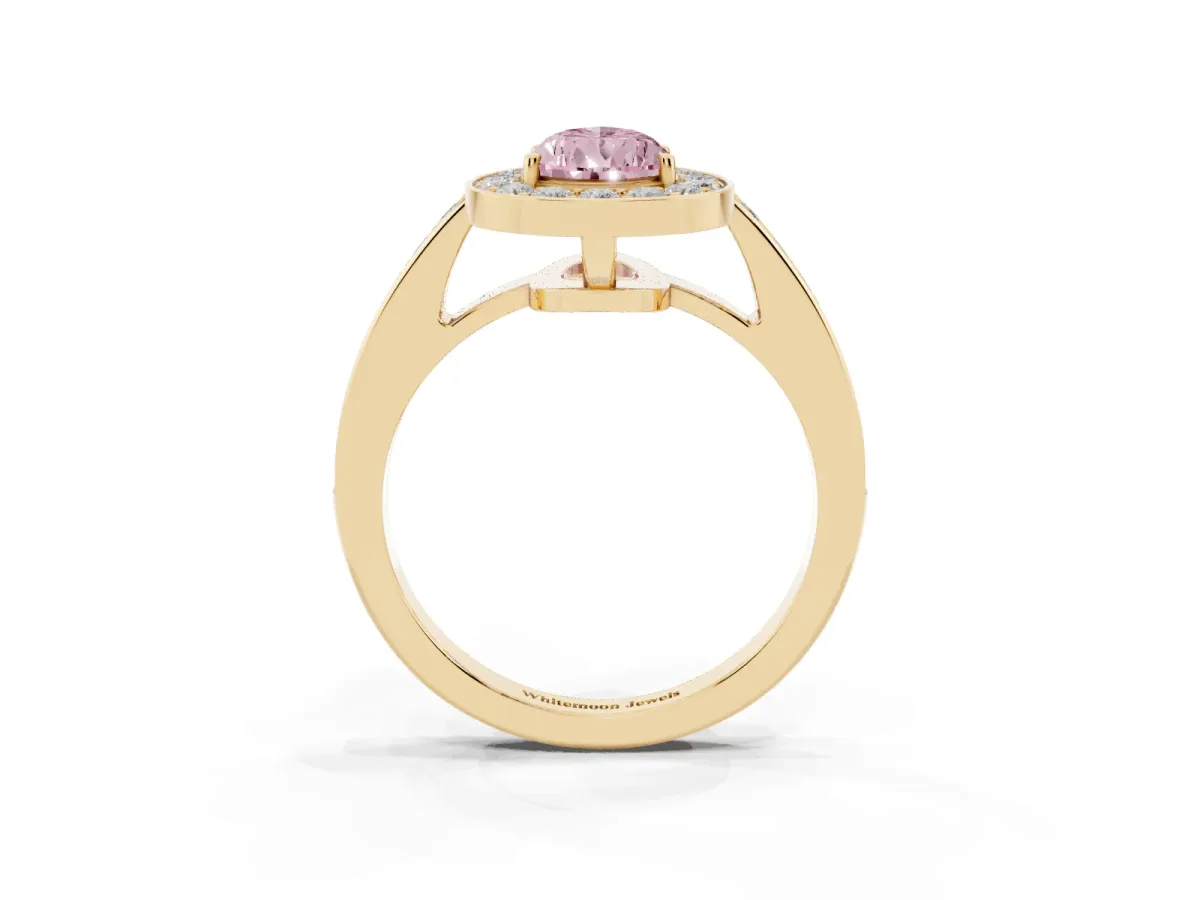 Fancy Pink Pear Cut Halo Pavé Diamond Engagement Ring with Bezel Setting Yellow gold