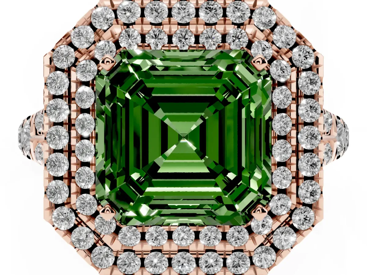 Fancy Green Asscher Cut Diamond Pavé Split Shank Double Halo Engagement Ring Rose gold