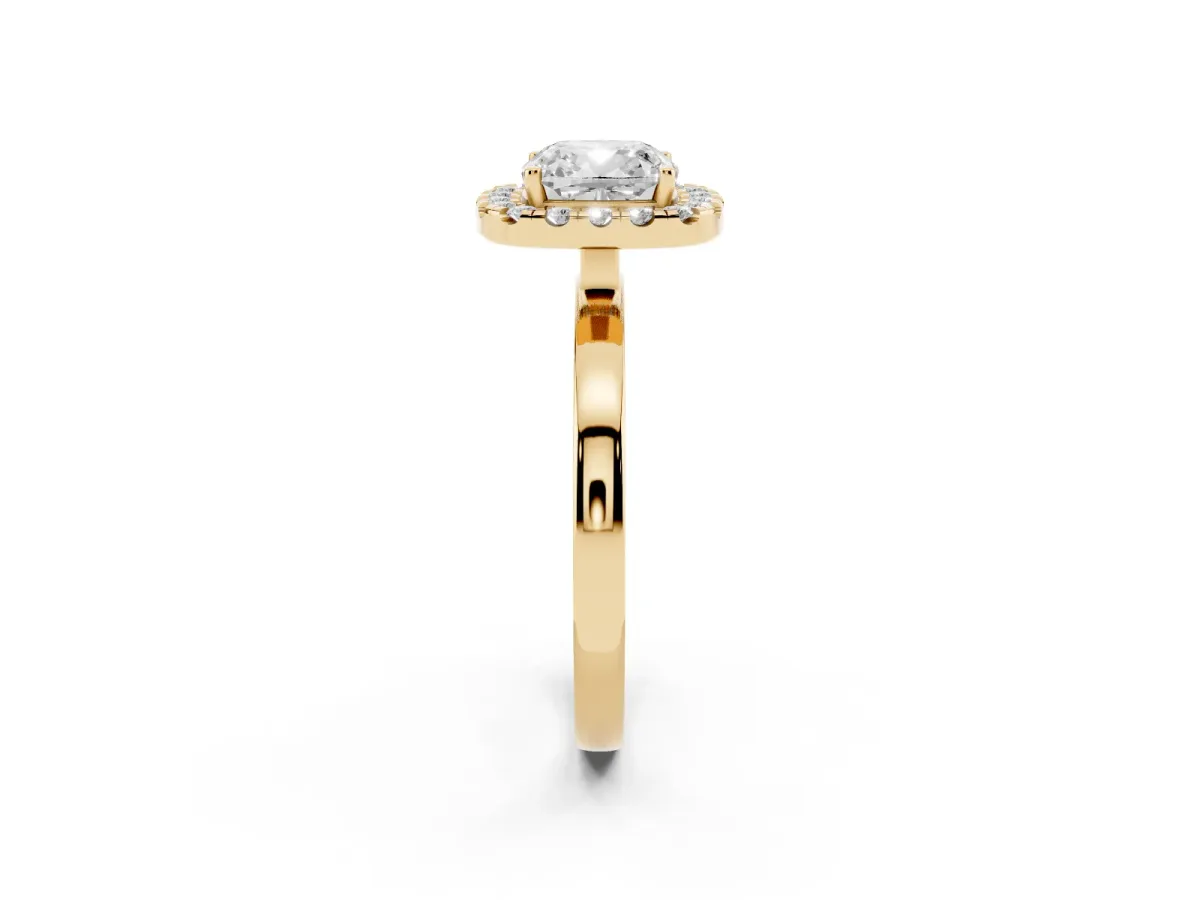 Cushion Cut Halo Diamond Solitaire with Pavé Band and Four-Prong Setting Yellow gold