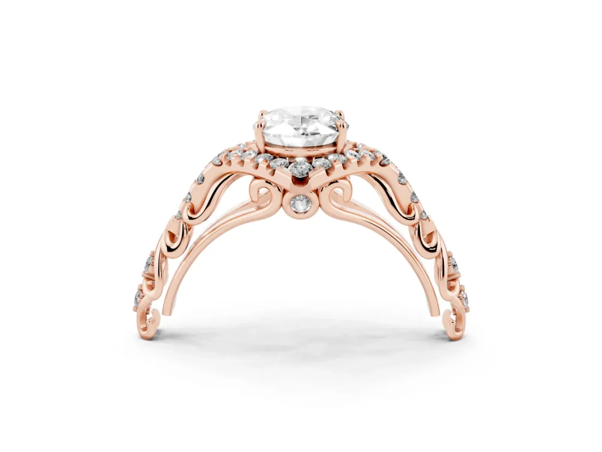 Oval Cut Diamond Solitaire Ring with Hidden Halo and Pavé Band Rose gold