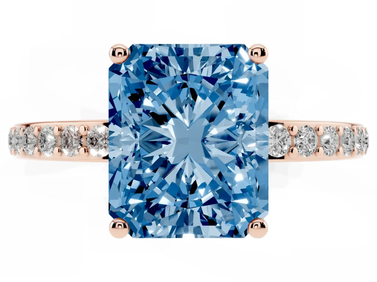 Fancy Blue Radiant Cut Cut Diamond Pavé Band Ring with Four-Prong Setting Rose gold
