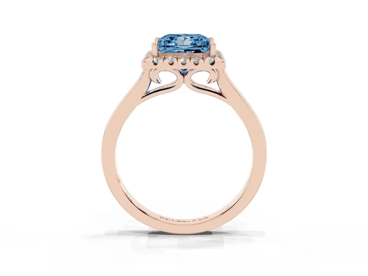 Fancy Blue Princess Cut Halo Round Diamond Solitaire Ring with Pavé Band and Four-Prong Setting Rose gold