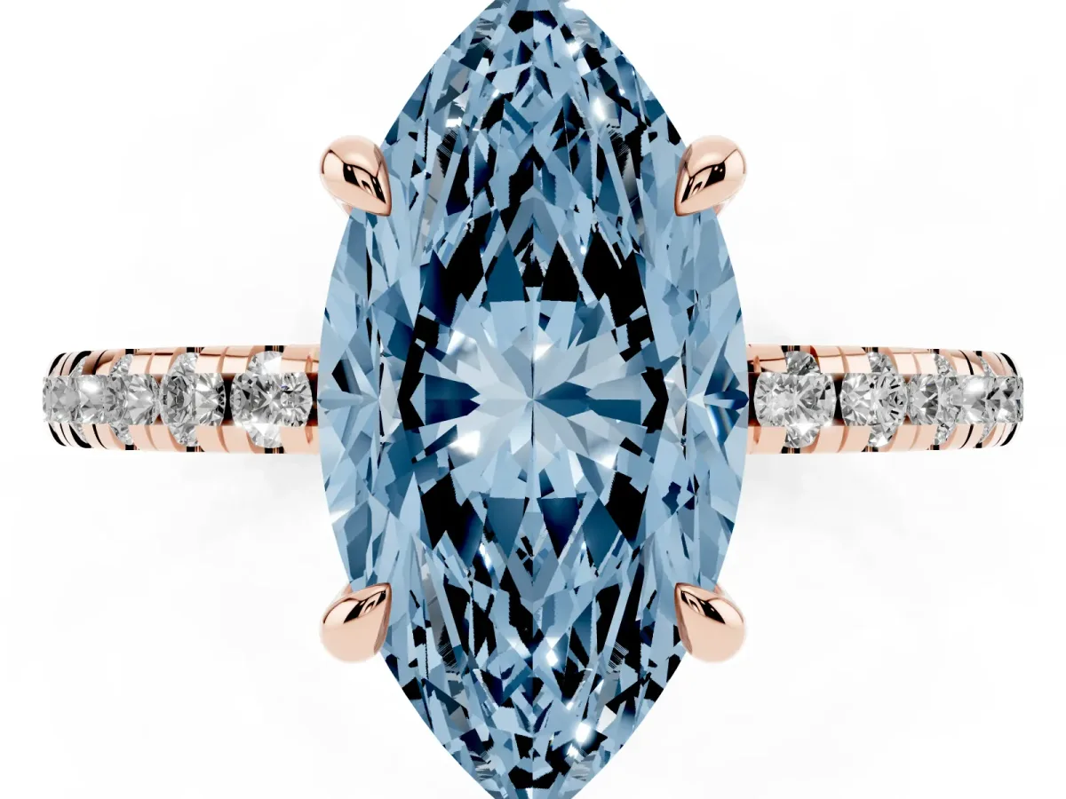 Fancy Blue Marquise Cut Diamond Brilliant Solitaire Ring with Pavé Band and Four-Prong Setting Rose gold