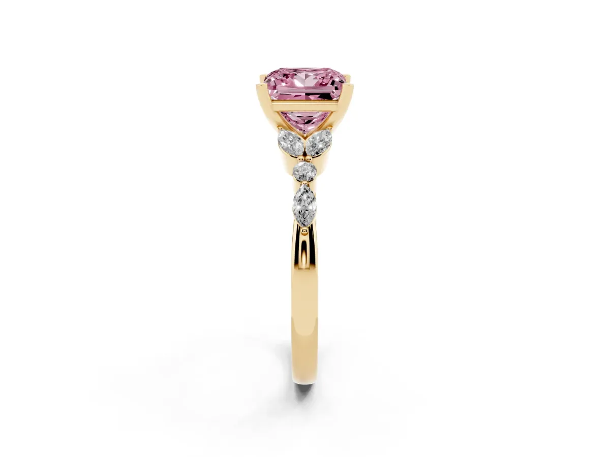 Fancy Pink Princess Cut Diamond Solitaire Ring with Side Stones and Four-Prong Setting Yellow gold