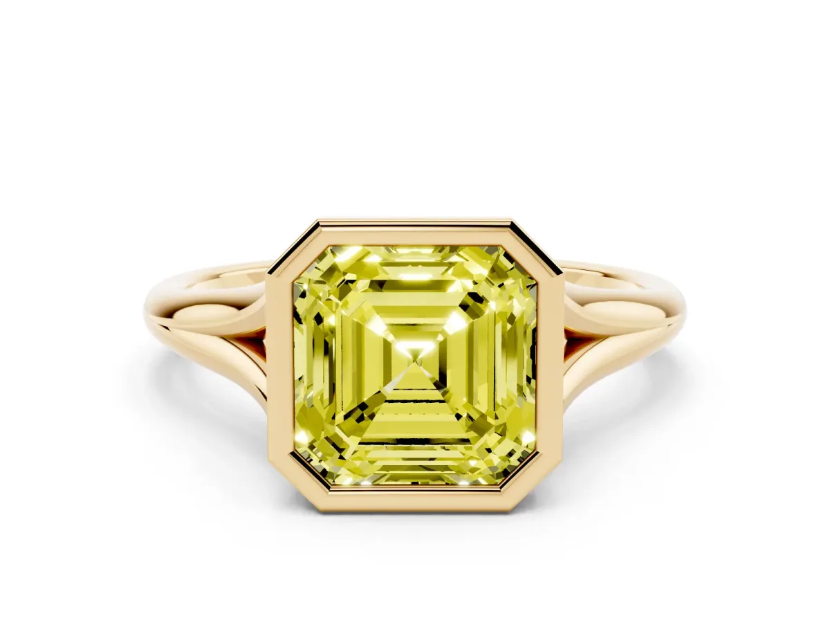 Fancy Yellow Bezel Set Asscher Cut Cut Solitaire Ring with Tapered Band Yellow gold