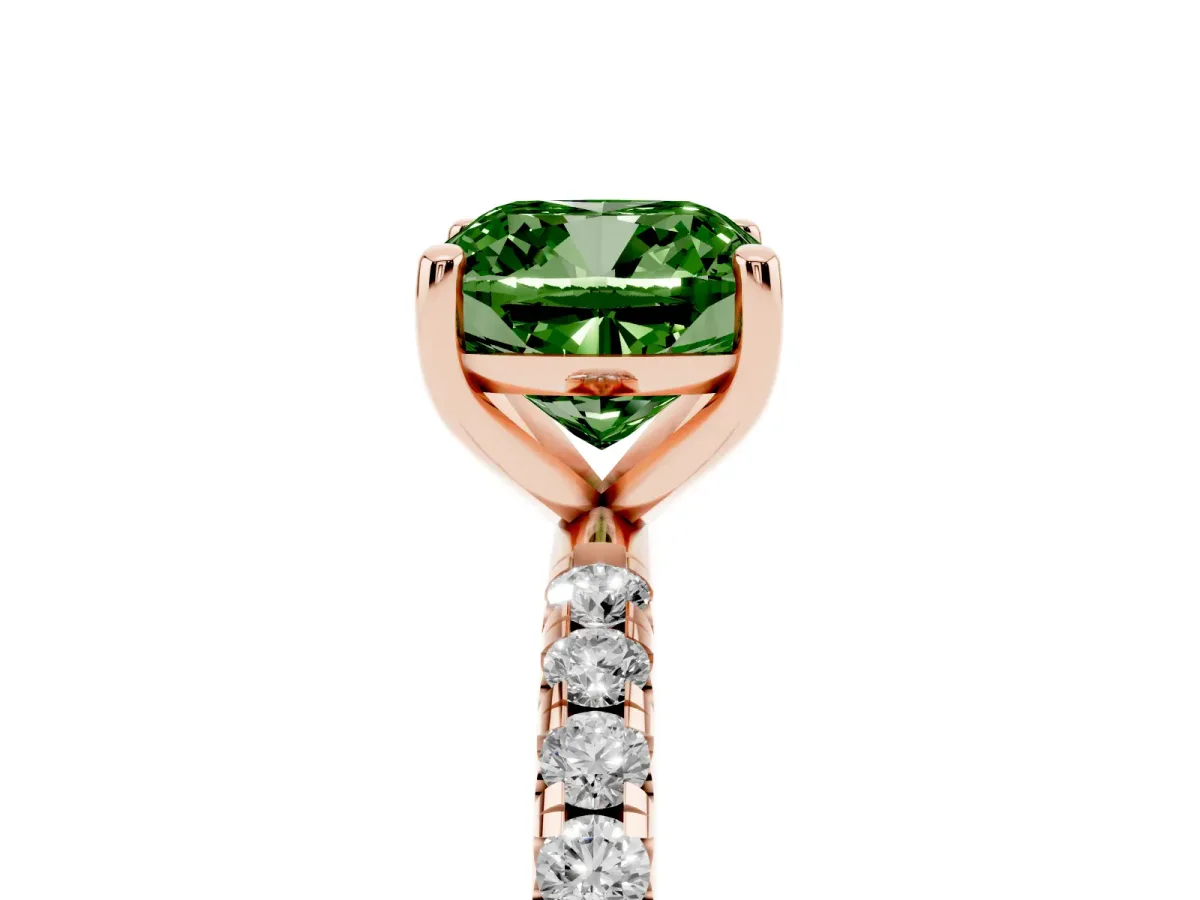 Fancy Green Cushion Cut Cut Diamond Solitaire Ring with Micro Pave Band and Four Prong Setting Rose gold