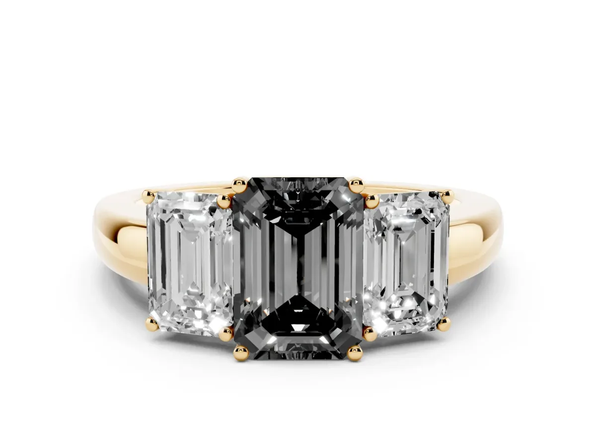 Fancy Black Emerald Cut Diamond Three-Stone Ring with Four-Prong Setting and Classic Band Yellow gold