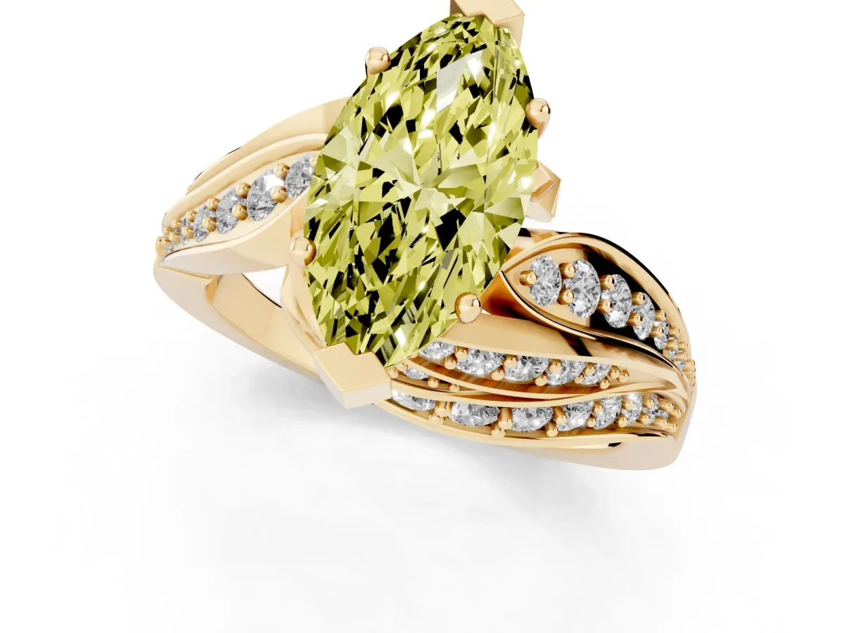 Fancy Yellow Marquise Cut Diamond Solitaire Ring with Prong Setting and Twisted Pavé Band Yellow gold