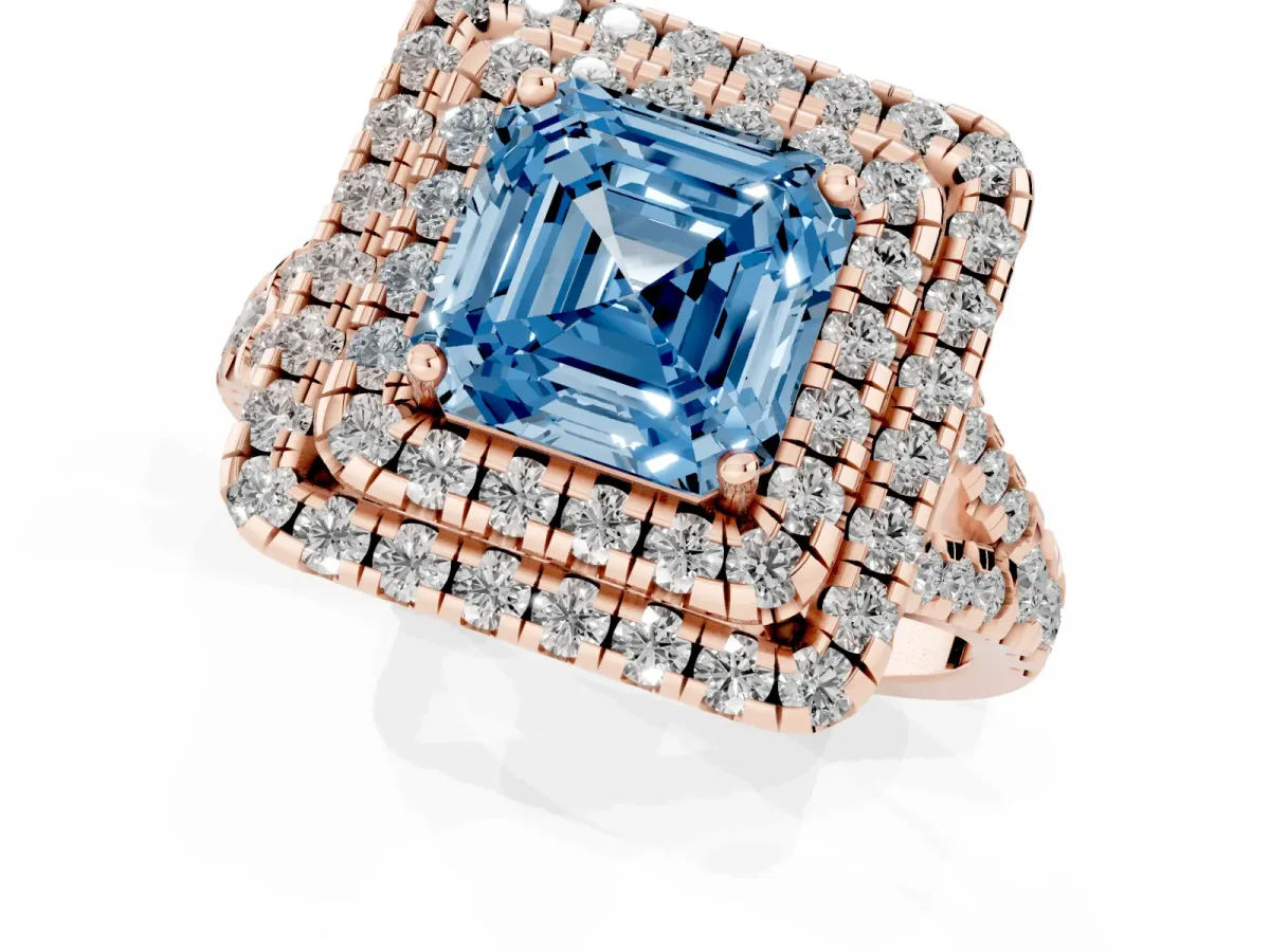Fancy Blue Double Halo Asscher Cut Diamond Pavé Split Shank Ring with Prong Setting Rose gold