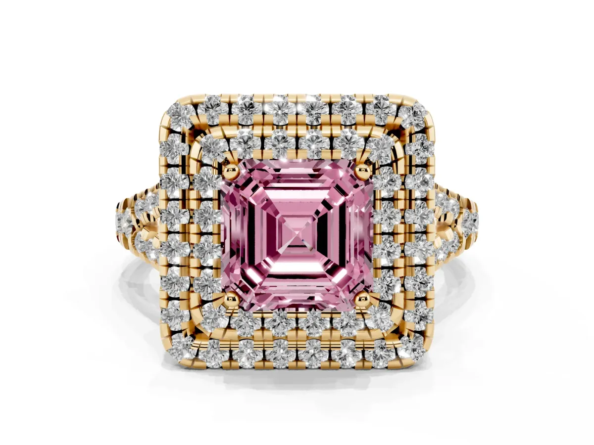 Fancy Pink Double Halo Asscher Cut Diamond Pavé Split Shank Ring with Prong Setting Yellow gold