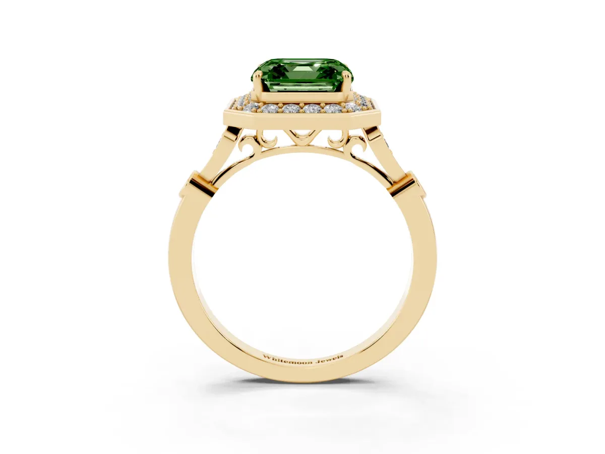 Fancy Green Asscher Cut Halo Diamond Engagement Ring with Twisted Band and Four-Prong Setting Yellow gold