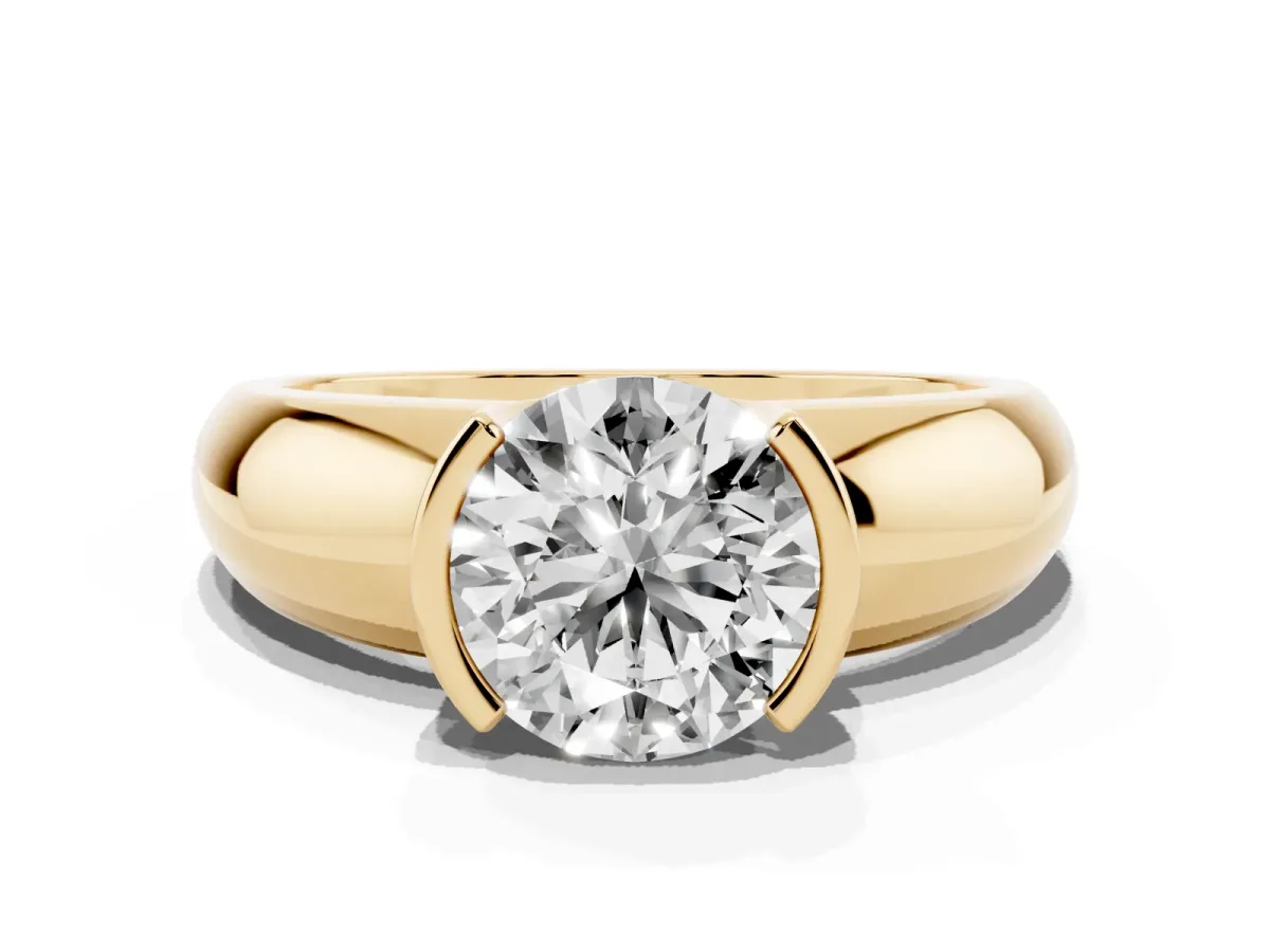 Round Cut Solitaire Tension Set Diamond Ring with Wide Band Yellow gold