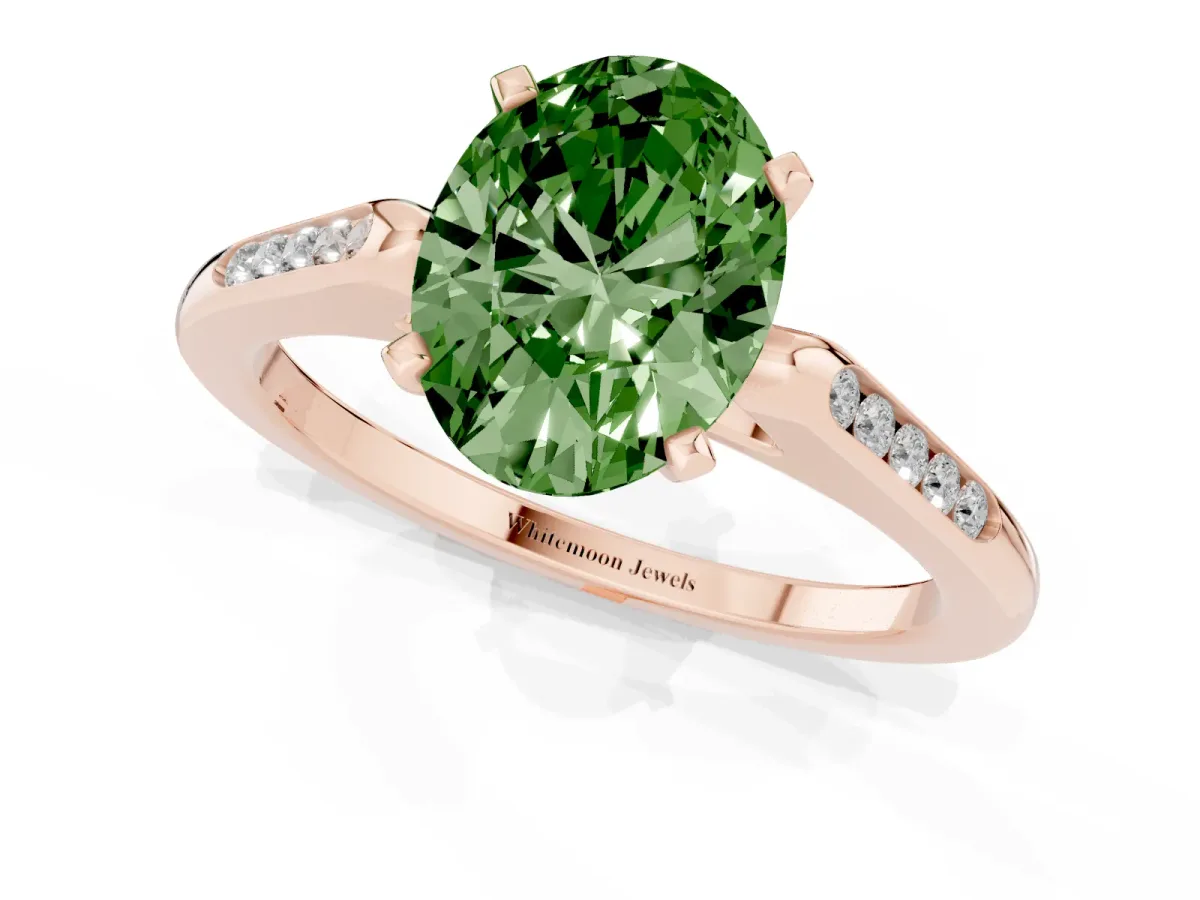 Fancy Green Oval Cut Diamond Solitaire Ring with Channel Set Round Band and Prong Setting Rose gold