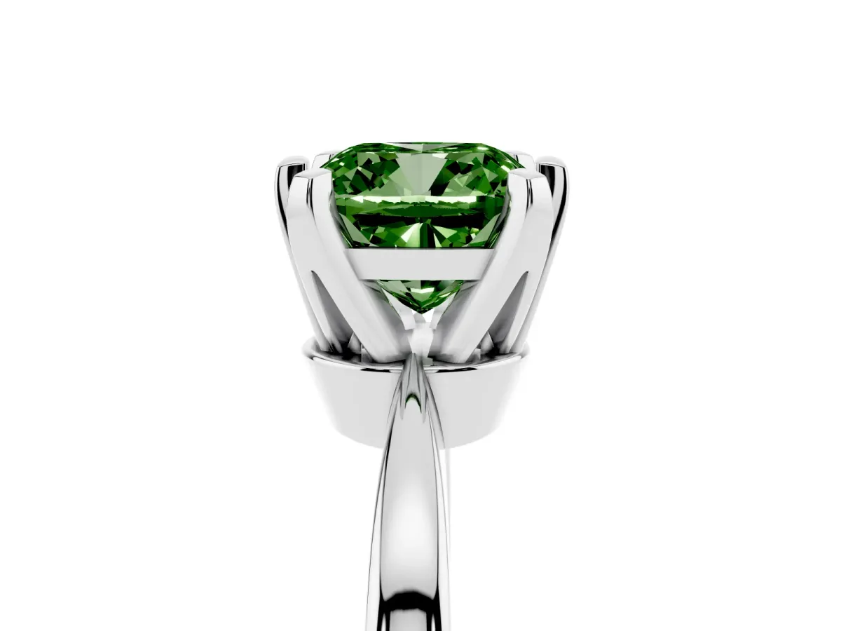 Fancy Green Cushion Cut Solitaire Engagement Ring with Six-Prong Setting and Tapered Band Platinum