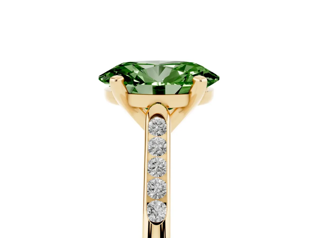 Fancy Green Oval Cut Diamond Solitaire Ring with Channel Set Round Band and Prong Setting Yellow gold