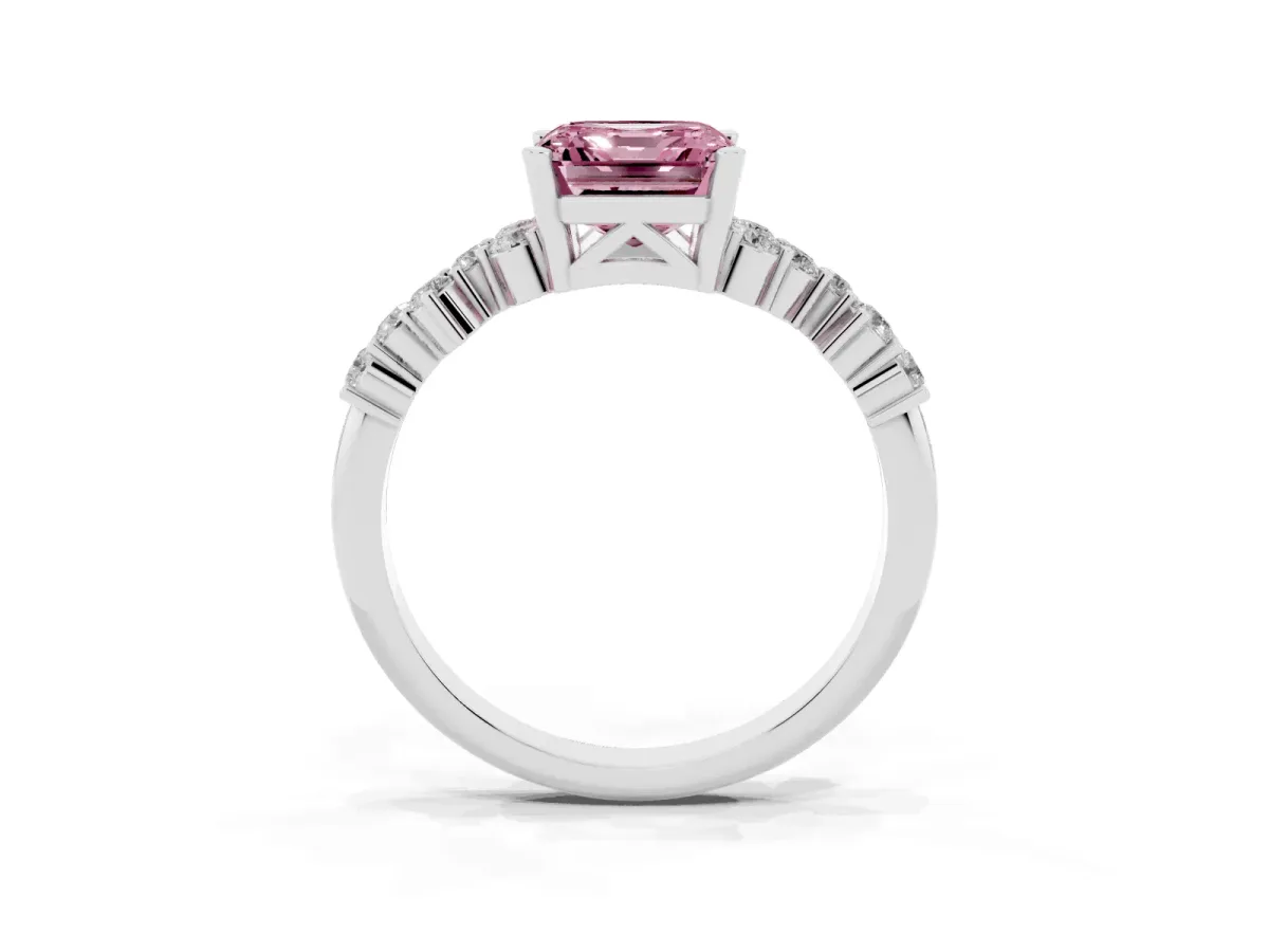 Fancy Pink Asscher Cut Diamond Scattered Round Accent Ring with Prong Setting White gold