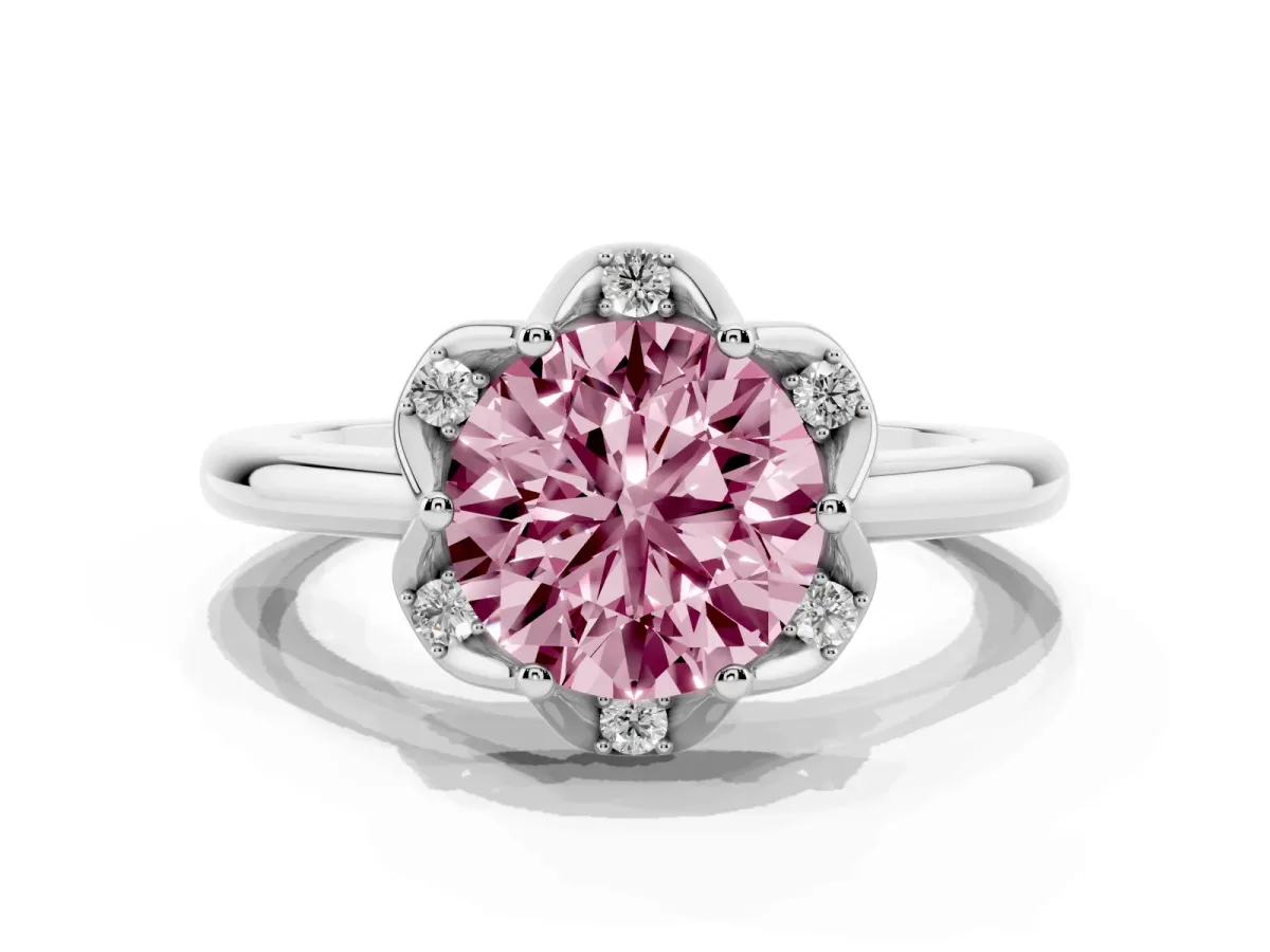 Fancy Pink Round Cut Halo Diamond Ring with Round Cluster Setting, Solitaire Band, and Four-Prong Setting White gold