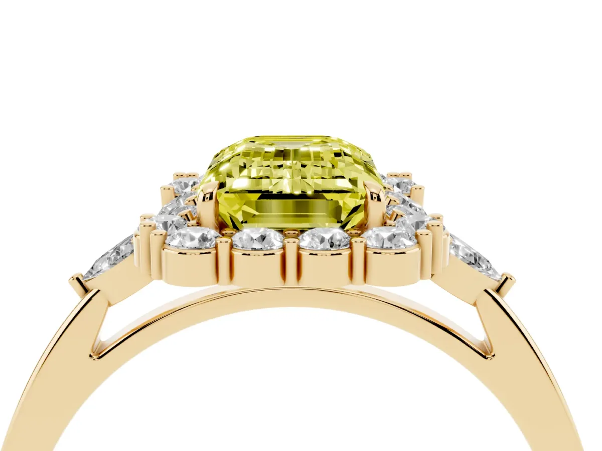 Fancy Yellow Emerald Cut Diamond Halo Ring with Pear Side Stones and Prong Setting Yellow gold
