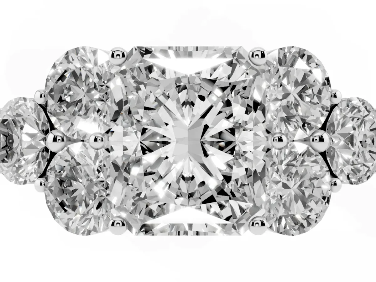 Radiant Cut Cut Diamond Cluster Ring with Round Accent Stones and Prong Setting on a Classic Band White gold