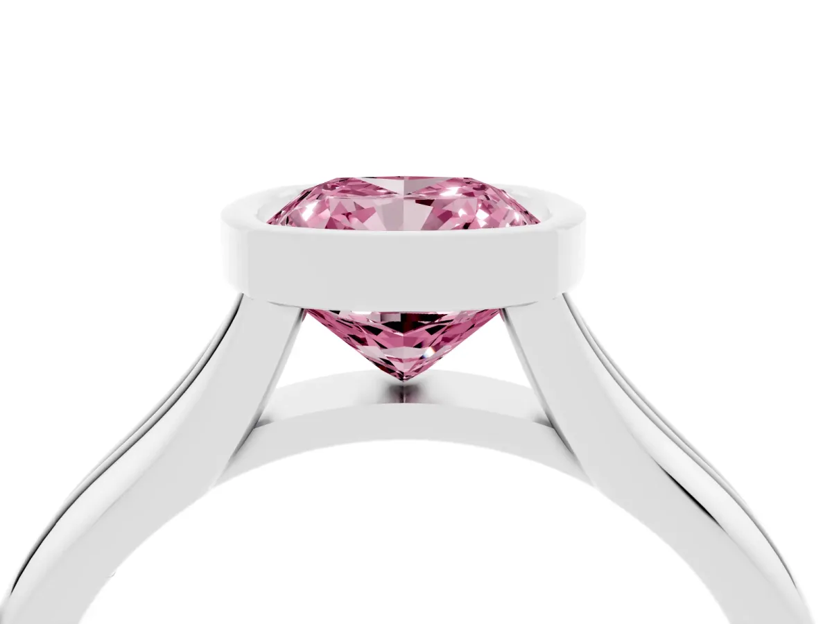 Fancy Pink Bezel Set Cushion Cut Solitaire Diamond Ring with Smooth Band Platinum