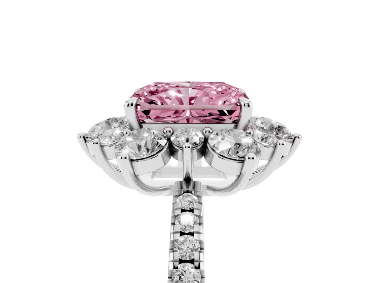 Fancy Pink Radiant Cut Diamond Floral Halo Ring with Round Pavé Band and Prong Setting Silver