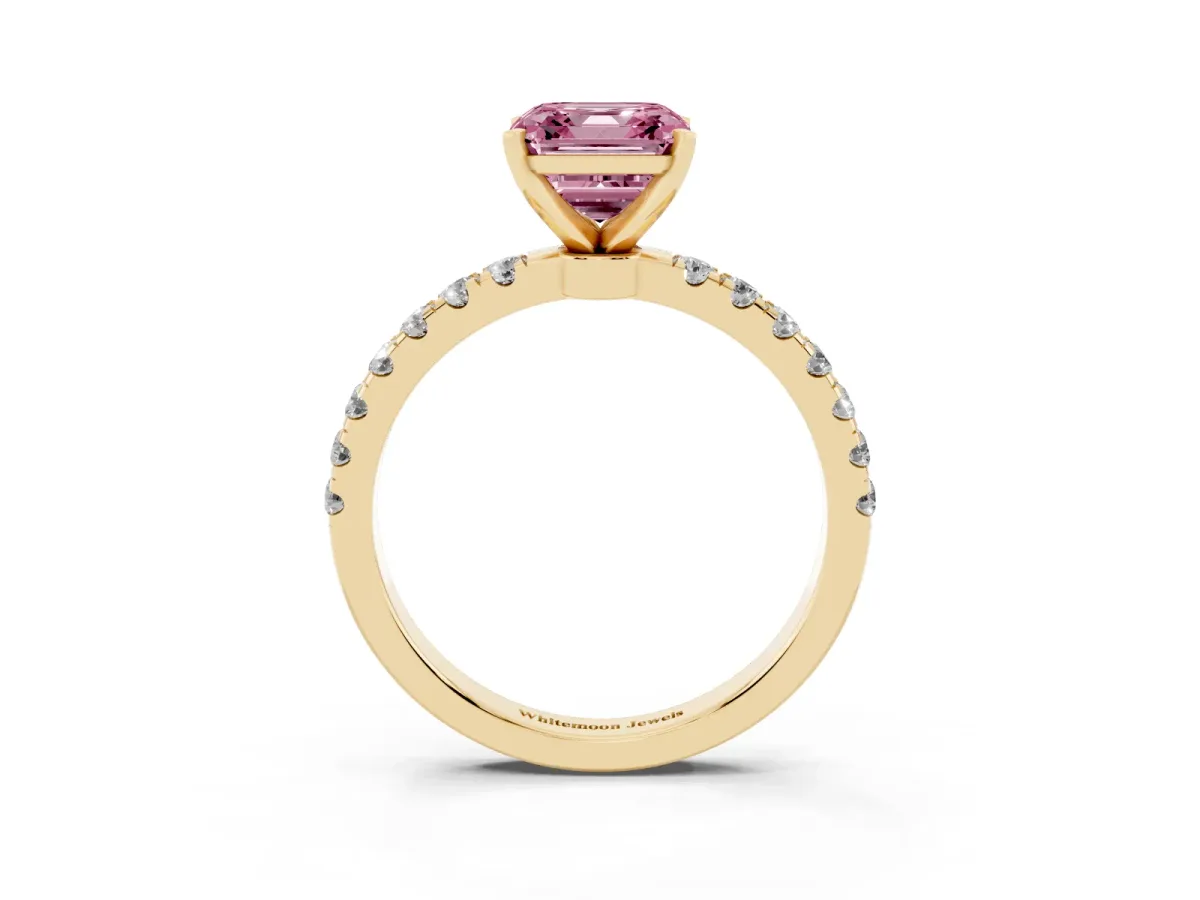 Fancy Pink Asscher Cut Diamond Solitaire Ring with Pavé Accents and Four-Prong Setting Yellow gold