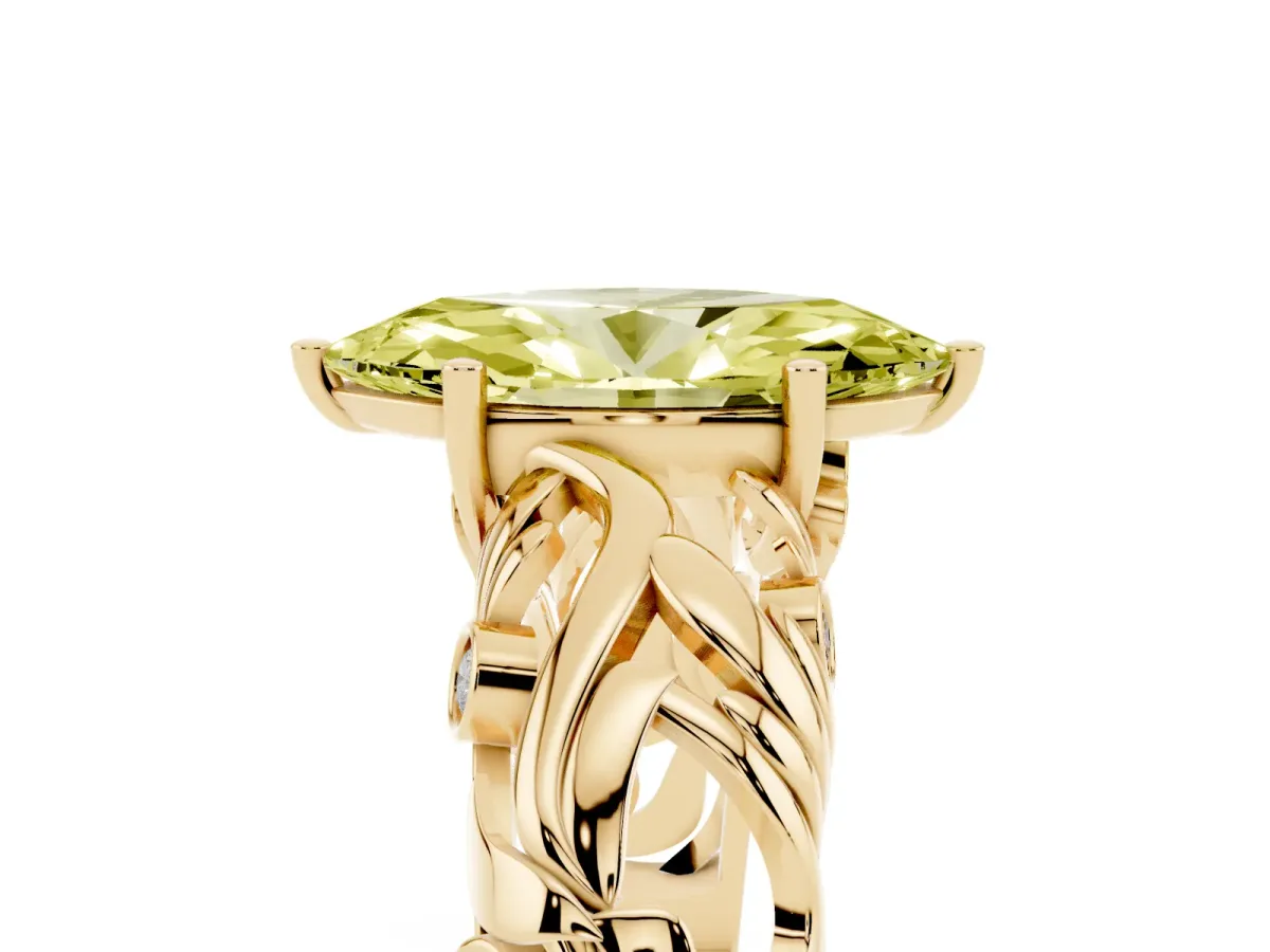 Fancy Yellow Marquise Cut Solitaire Diamond Leaf-Inspired Vine Band Ring with Prong Setting Yellow gold