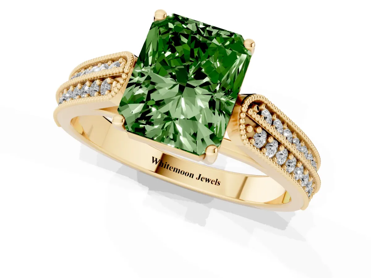 Fancy Green Radiant Cut Cut Pave Split Shank Engagement Ring with Four-Prong Setting Yellow gold