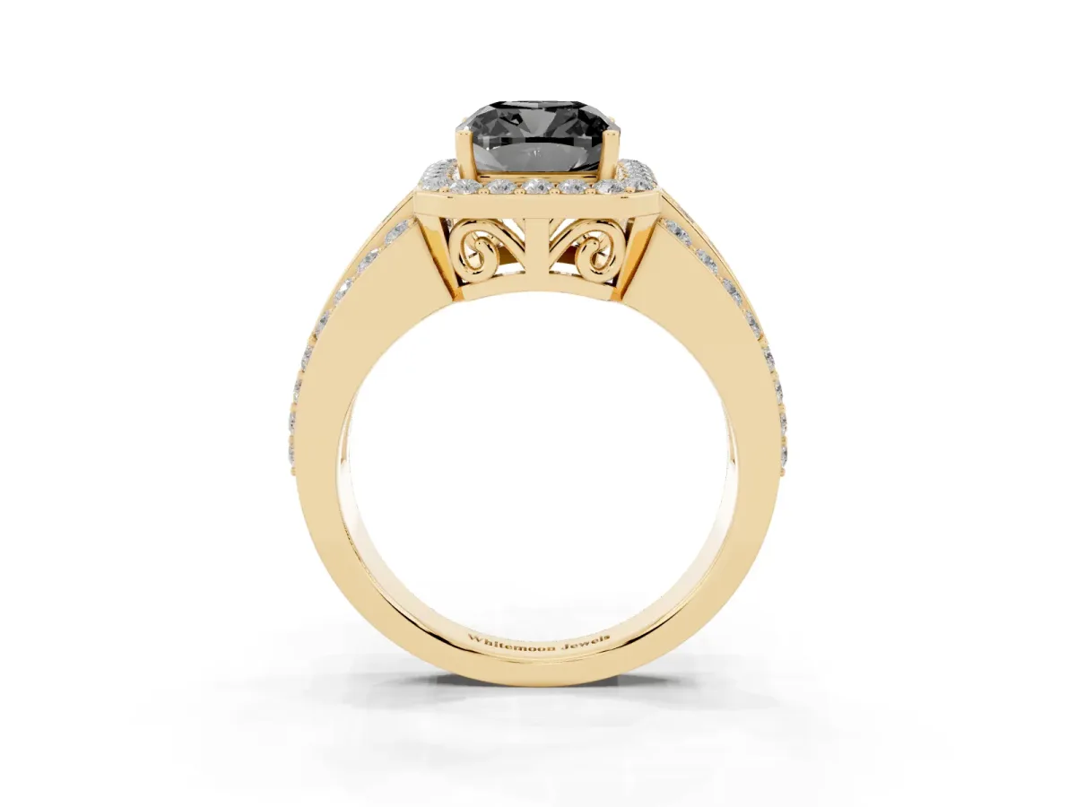 Fancy Black Cushion Cut Halo Diamond Ring with Round Split Shank and Prong Setting Yellow gold