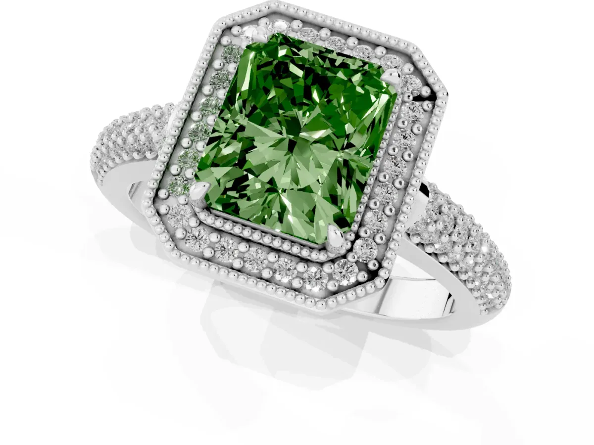 Fancy Green Radiant Cut Cut Halo Diamond Pave Band with Four-Prong Setting Silver