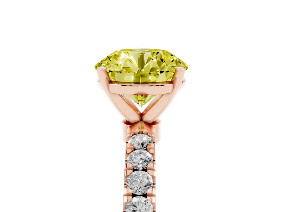 Fancy Yellow Round Cut Diamond Solitaire Ring with Pavé Accents and Four-Prong Setting Rose gold