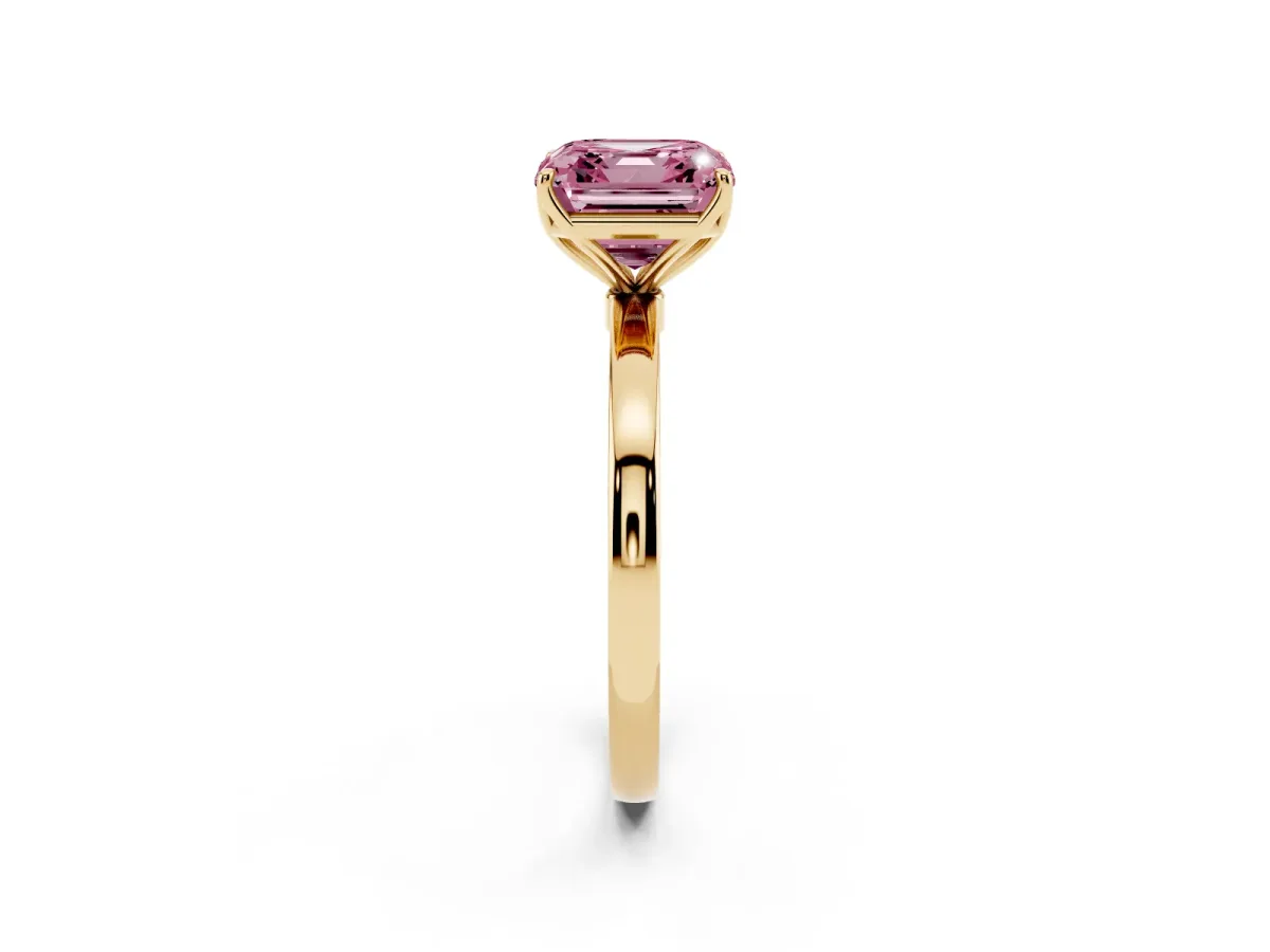 Fancy Pink Asscher Cut Diamond Solitaire Ring with Thin Band and Prong Setting Yellow gold