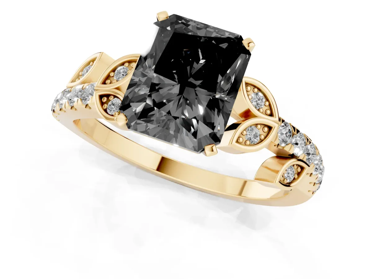 Fancy Black Radiant Cut Solitaire Leaf-Inspired Diamond Ring with Pavé Band and Four-Prong Setting Yellow gold