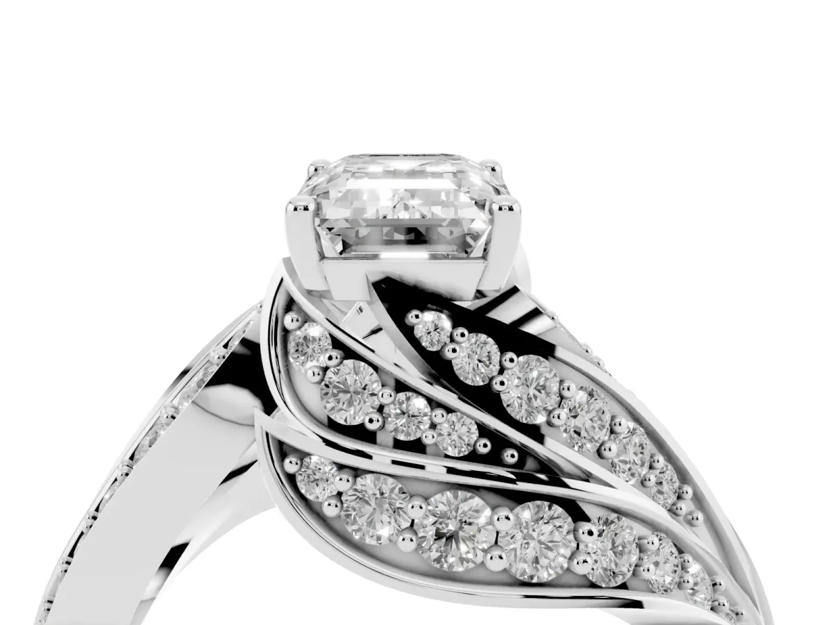 Emerald Cut Diamond Solitaire Ring with Prong Setting and Twisted Pavé Band Silver