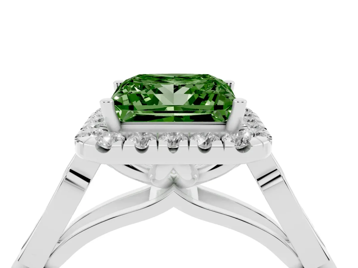 Fancy Green Princess Cut Halo Diamond Engagement Ring with Filigree Band and Four-Prong Setting Platinum
