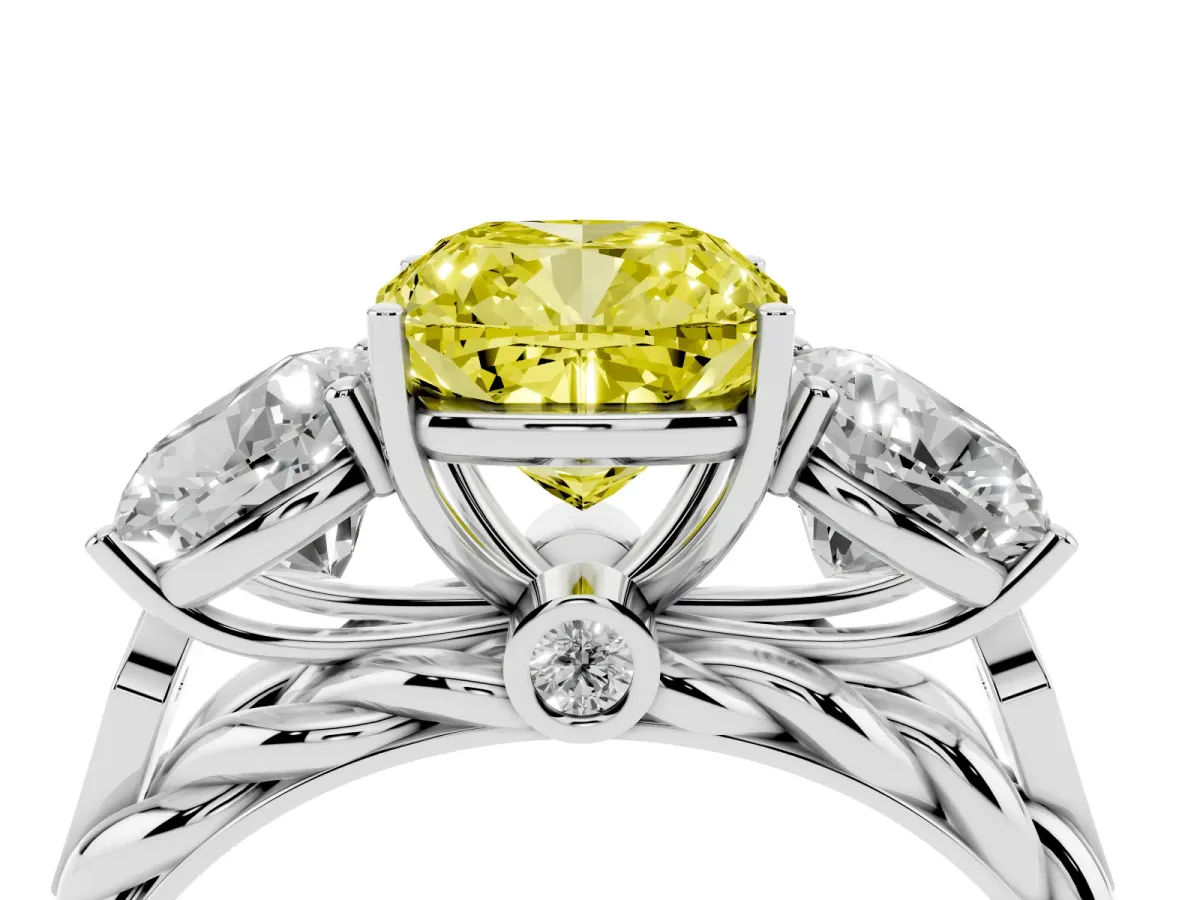 Fancy Yellow Three-Stone Cushion Cut Diamond Braided Band Ring with Four-Prong Setting Silver