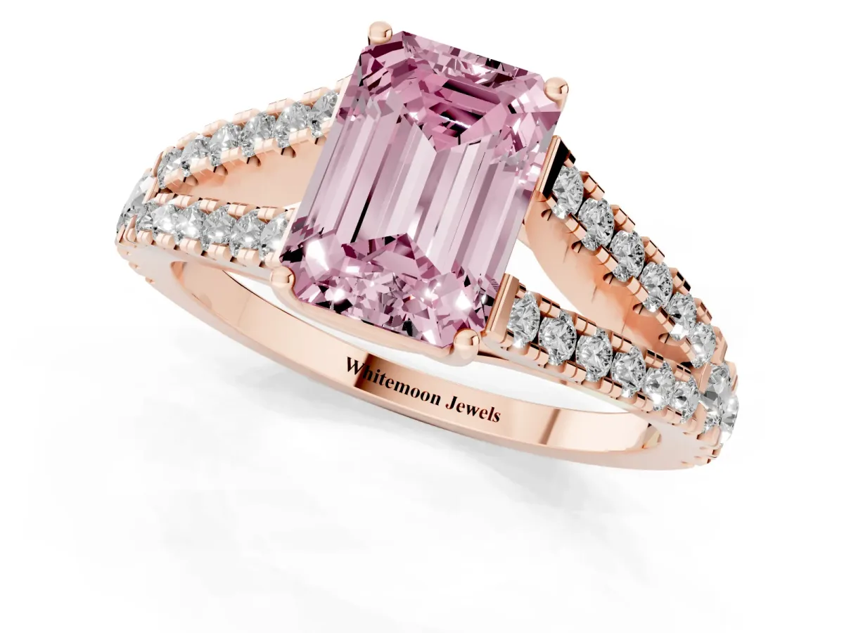 Fancy Pink Emerald Cut Diamond Split Shank Engagement Ring with Round Pavé and Prong Setting Rose gold