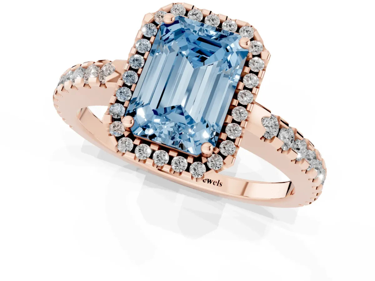 Fancy Blue Emerald Cut Diamond Halo Engagement Ring with Pavé Band and Prong Setting Rose gold
