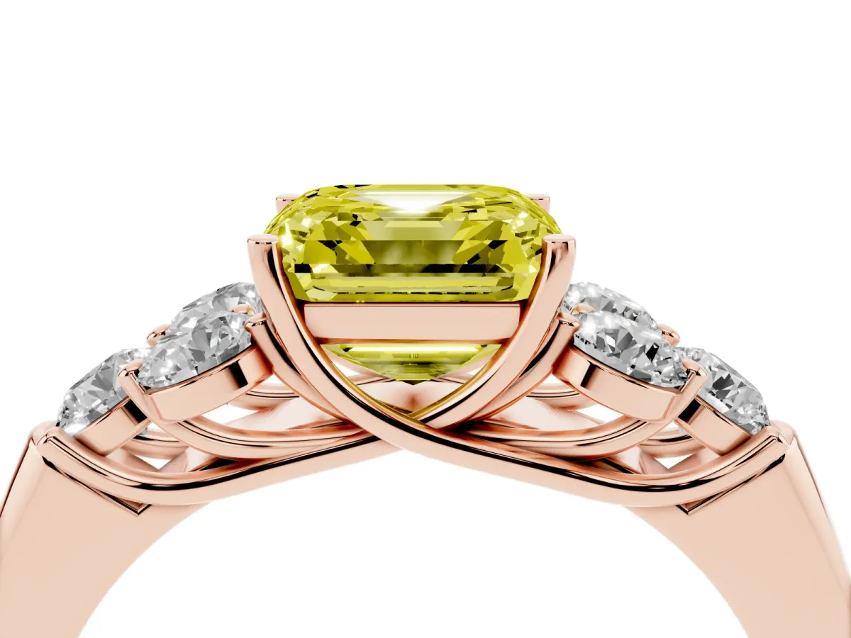 Fancy Yellow Asscher Cut Cut Diamond Cluster Ring with Round Accent Stones and Prong Setting on a Classic Band Rose gold